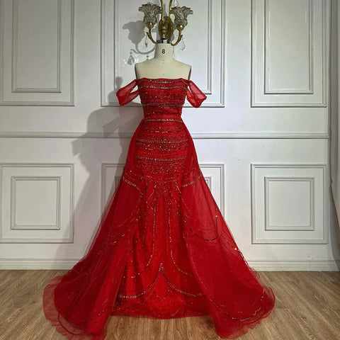 Vestido de noche de sirena rosa árabe con cuentas y sobrefalda de satén desmontable para ocasiones formales LA72781 