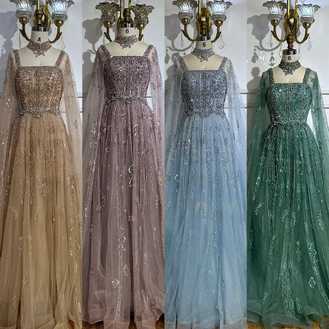 Robe de soirée de luxe arabe couleur chair, coupe trapèze, manches cape, perles de cristal, style saoudien, pour occasions formelles, LA72764, 2025