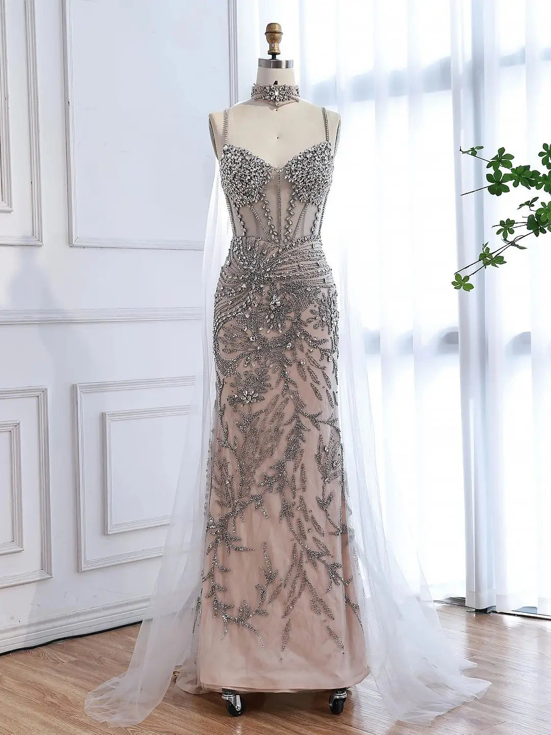 Luxury Evening Dress Grey Beaded With Cape LA73342