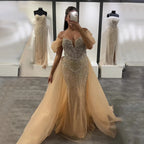 Vestido de noche saudí de sirena con hombros descubiertos, color nude, con cuentas y sobrefalda para ocasiones formales LA72879 