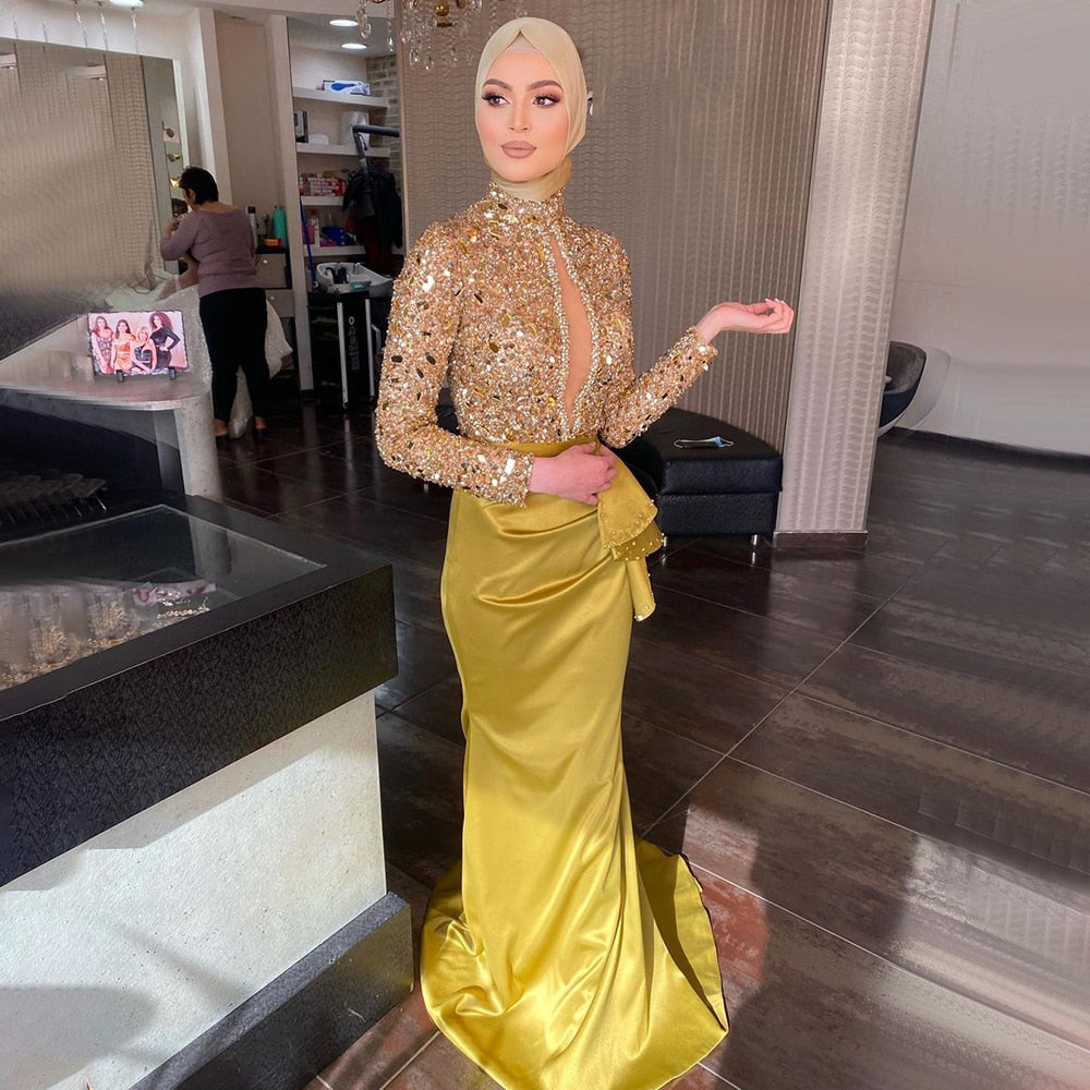 Gold Luxury Beaded Evening Gowns 2025 Mermaid Elegant Satin For Women Wedding Party LA71509
