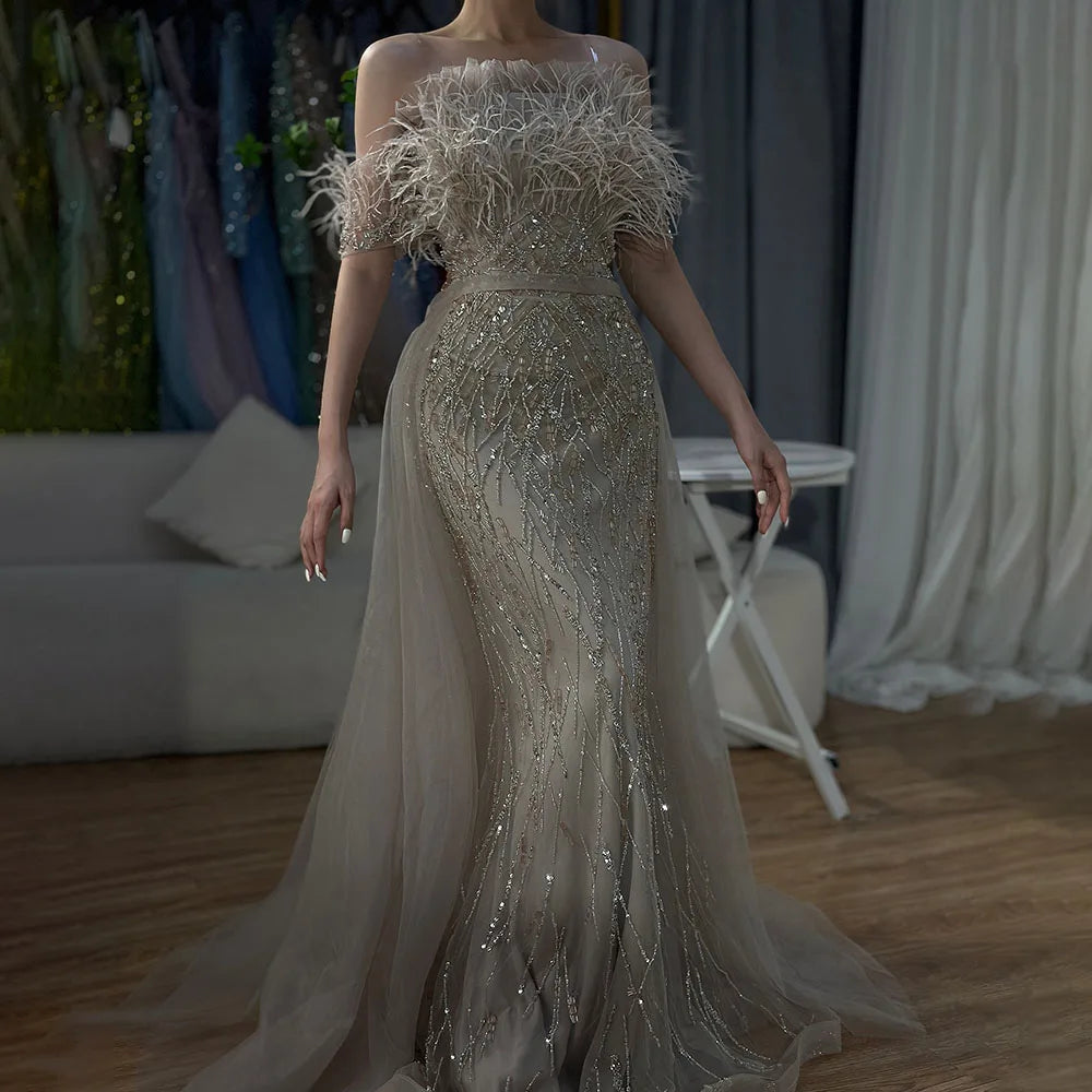 Dubai Luxury Beaded Blue Mermaid Evening Dress Gown with Overskirt LA71634