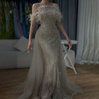 Dubai Luxury Beaded Blue Mermaid Evening Dress Gown with Overskirt LA71634
