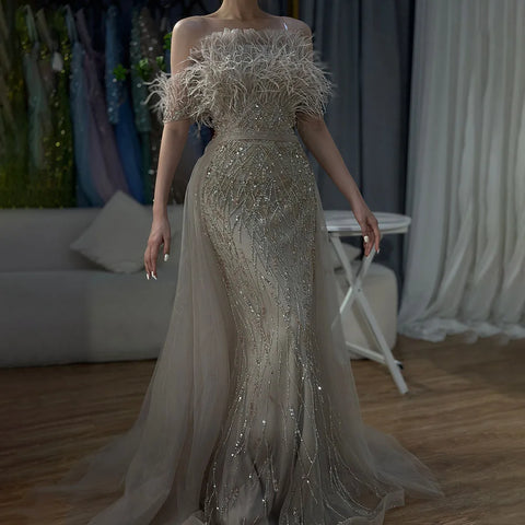 Dubai Luxury Beaded Blue Mermaid Evening Dress Gown with Overskirt LA71634