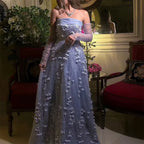 Elegant Peach 3D Flowers Evening Dress with Gloves Arabic Women Wedding Party LA72912