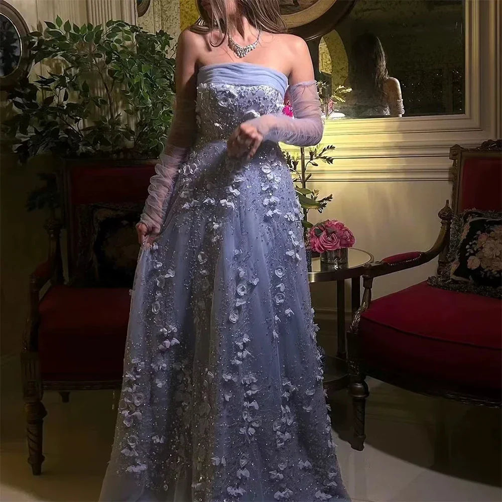 Elegant Peach 3D Flowers Evening Dress with Gloves Arabic Women Wedding Party LA72912