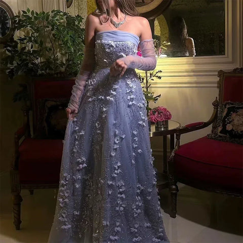 Robe de soirée élégante couleur pêche à fleurs 3D avec gants pour femmes arabes, tenue de mariage, LA72912 