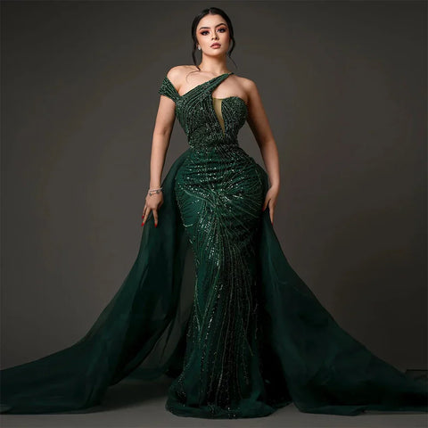 Luxury Emerald Green Evening Dress with Overskirt Elegant One Shoulder Women Wedding Party  Formal Gowns LA72474
