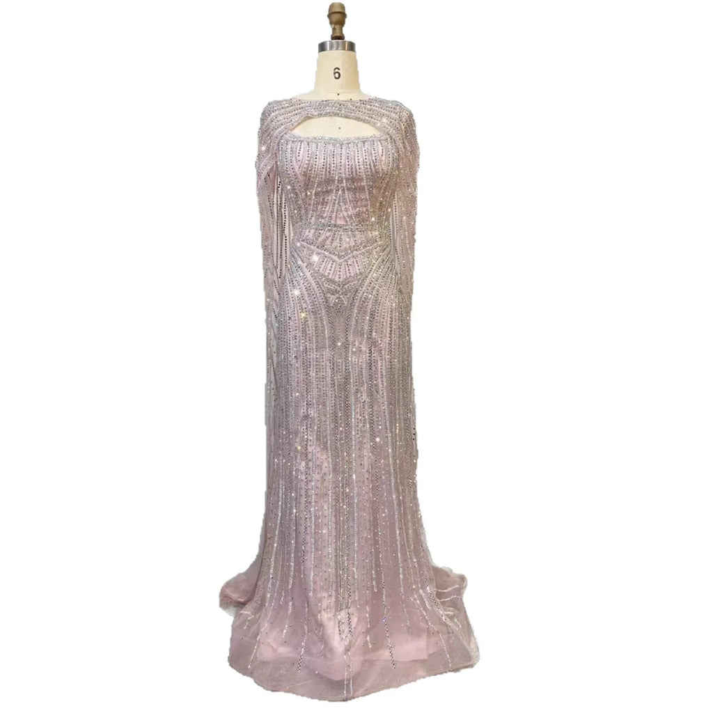 Luxury Blue Diamond Evening Dress With Cape LA73426