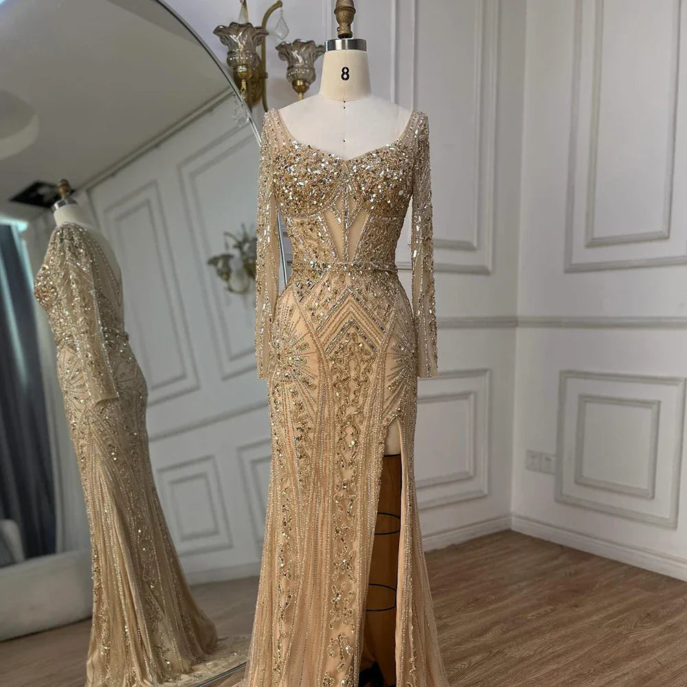 Vestidos de noche de lujo con cuentas para mujer, estilo sirena elegante con abertura, color verde, para bodas en Dubái, Arabia Saudita (LA72518) 