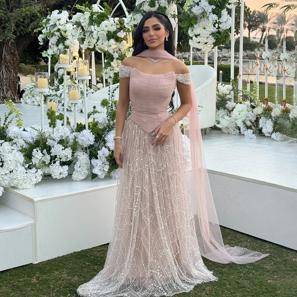 Off Shoulder Beaded A-Line Evening Dress Gown with Corset LA72922