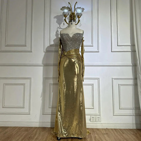 Robe de soirée élégante blanche style arabe, bustier, avec perles en cristal et gants, pour une occasion spéciale, LA72758, 2025 