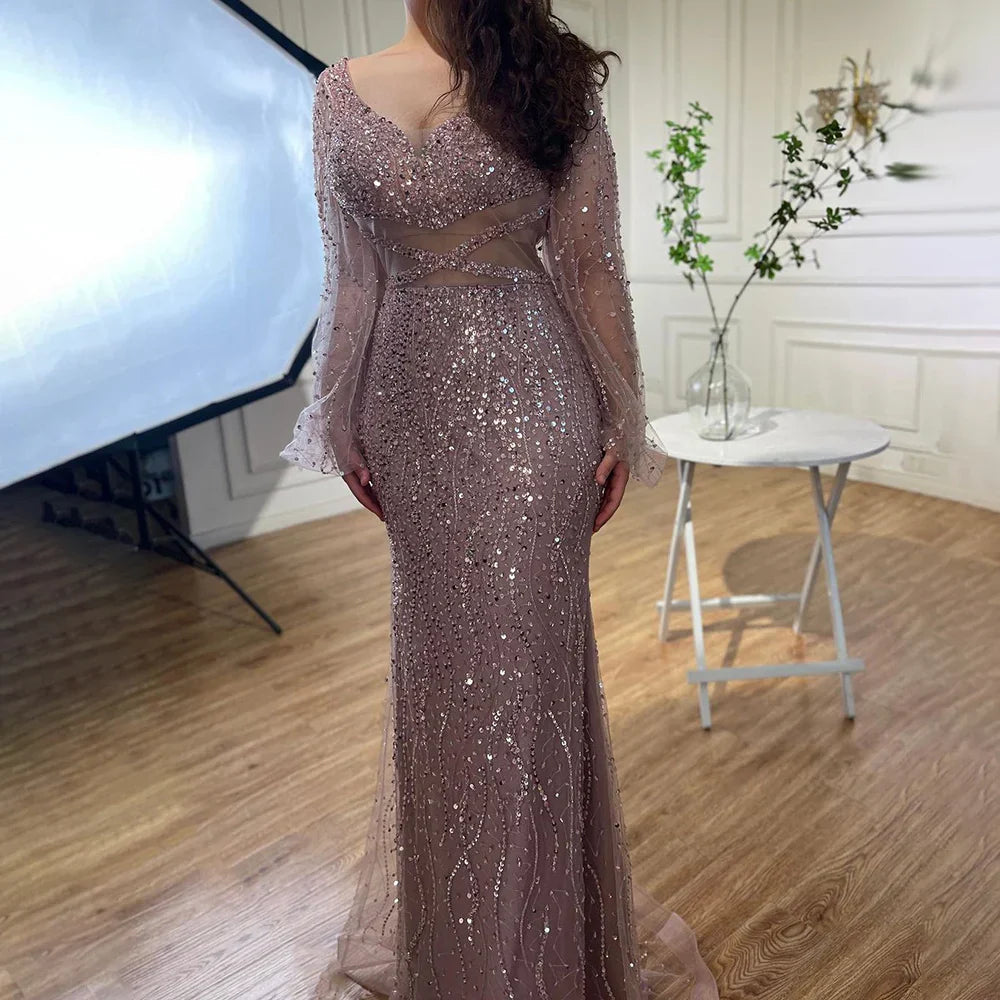 Sexy Mint Mermaid Elegant V-Neck Beaded Luxury Arabic Shiny Evening Dresses Gowns For Women Party 2025 LA71784