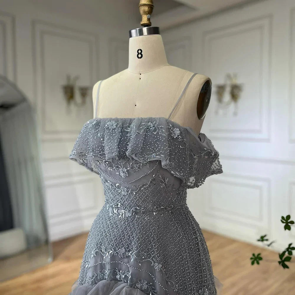Luxury Silver Gray Off Shoulder Dubai Evening Dress LA72762