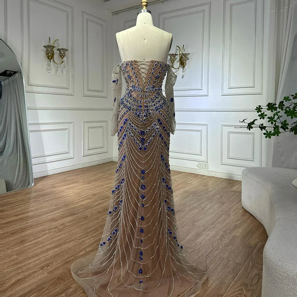 Luxury Blue Beaded Evening  Dress Gowns Beaded For Formal Occasion LA72858