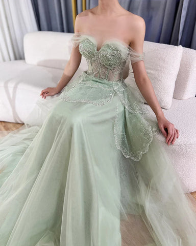 Robe de soirée élégante de luxe vert sauge, coupe trapèze, épaules dénudées, perles, pour femme, mariage, 2025, LA72605 
