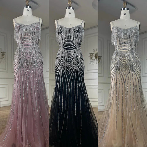 Robe de soirée sirène argentée nude à bretelles spaghetti et pompons perlés de luxe pour une occasion formelle, LA72772, 2025 