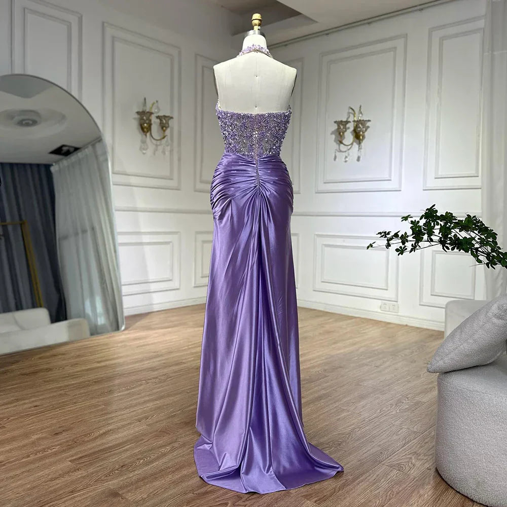 Vestido de noche de lujo estilo sirena, corte halter, escote lila árabe, abertura lateral, con cuentas, ideal para fiestas femeninas (LA72668) 