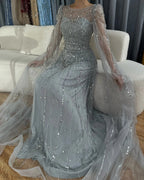 Vestido de noche árabe de lujo Alina con mangas capa azul Dubai 2025, con cuentas y piedras, para mujer, ideal para bodas y fiestas (LA72635) 