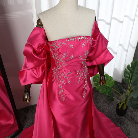 Vestidos de noche estilo sirena, corte sirena, sin tirantes, con chaqueta y cuentas, de satén fucsia árabe, para mujer, ideales para bodas y fiestas (LA71896) 