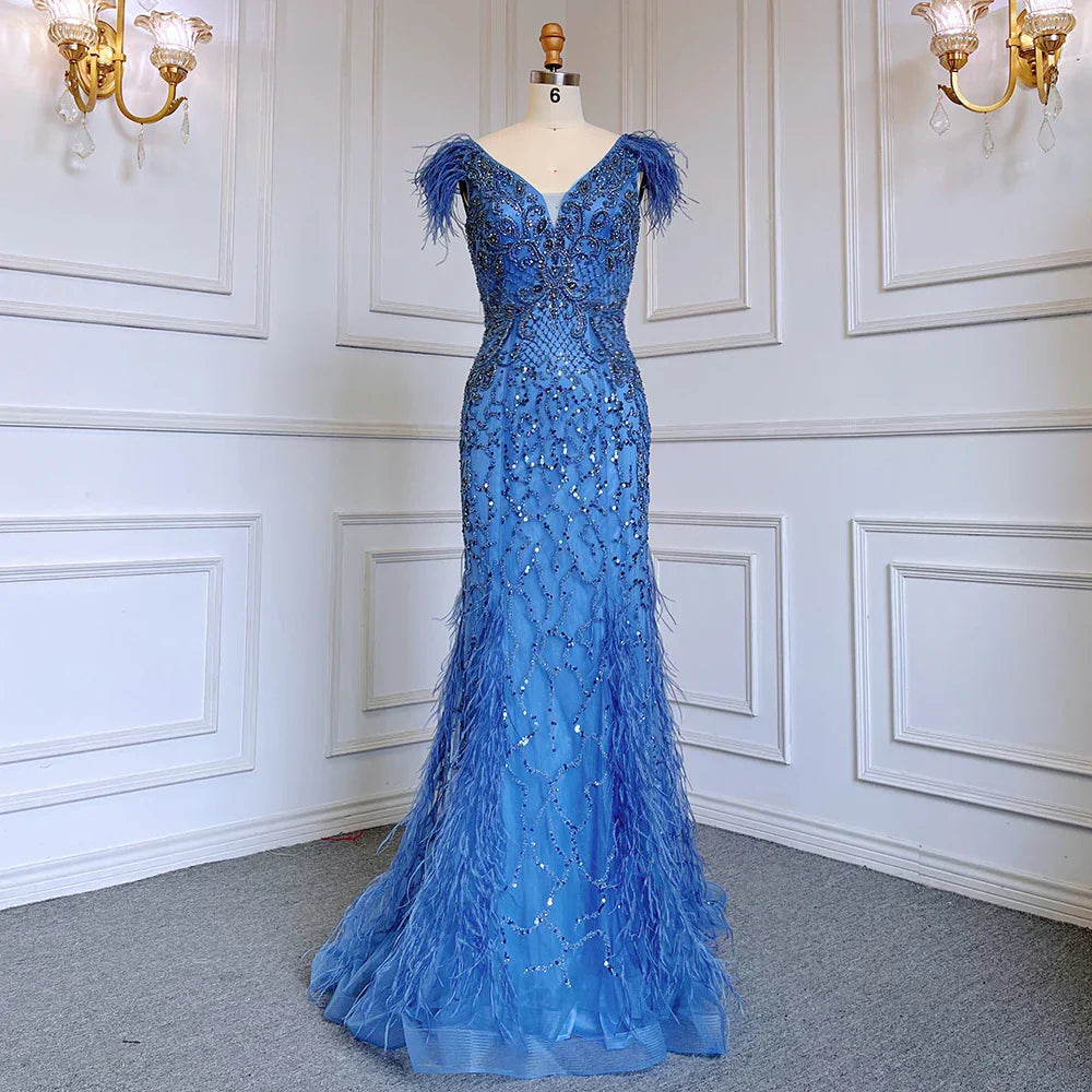 Champagne Luxury V-Neck Sexy Mermaid Evening Dresses 2025 Diamond Feathers Sleeveless Formal Dress LA70350
