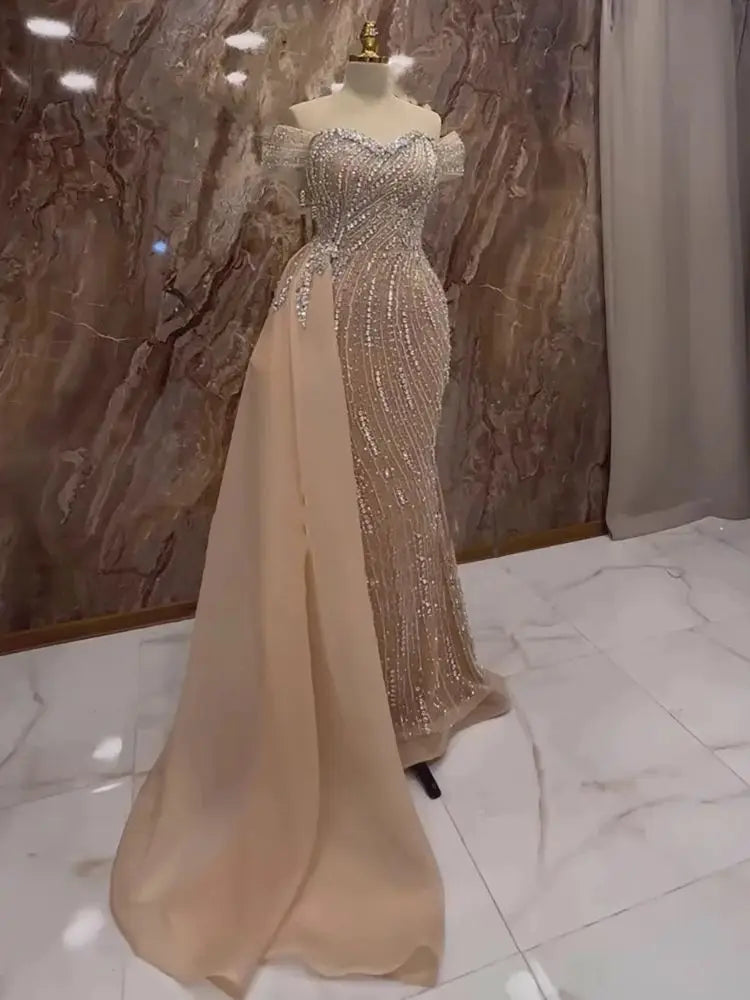 Nude Luxury Beaded Mermaid Evening Dress Gown with Overskirt LA72911