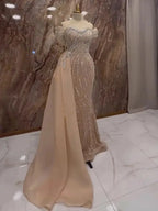 Nude Luxury Beaded Mermaid Evening Dress Gown with Overskirt LA72911