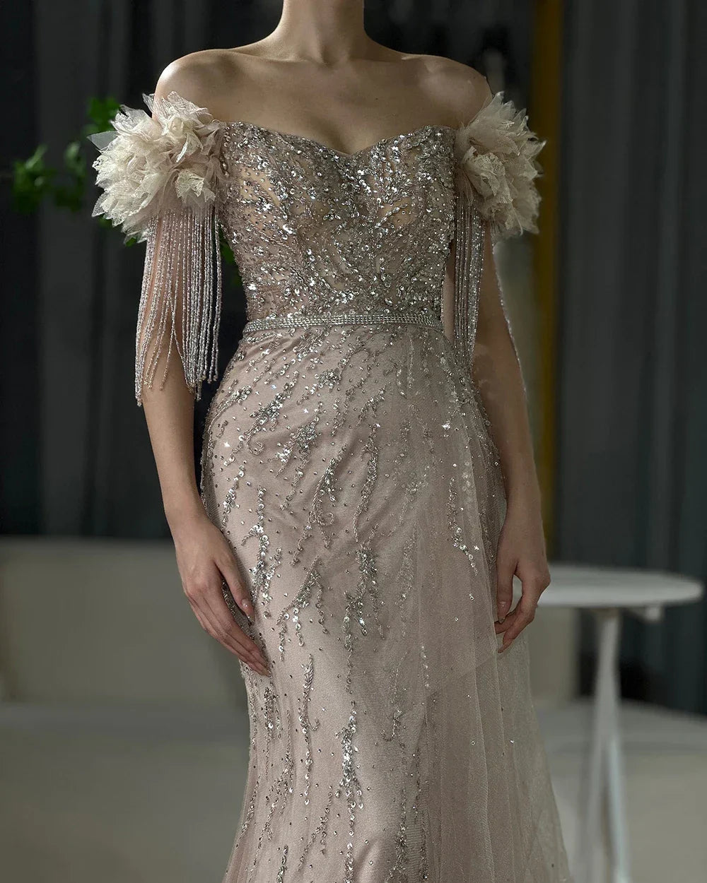 Arabic Dubai Nude Mermaid Luxury Evening Dresses Gowns Boat Neck Beaded Tassel For Women Wedding Party 2025 LA72260