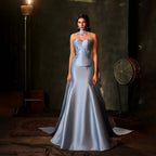 Vestido de noche de satén azul saudí sin tirantes estilo sirena con bufanda larga para ocasiones formales LA72831 (modelo 2025) 