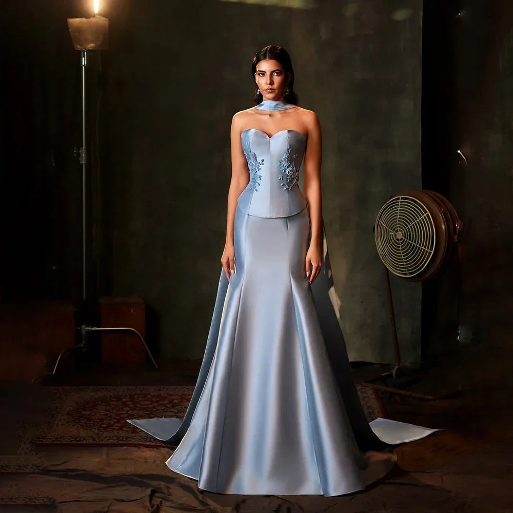 Vestido de noche de satén azul saudí sin tirantes estilo sirena con bufanda larga para ocasiones formales LA72831 (modelo 2025) 