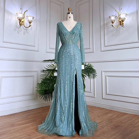 Vestido de noche con abertura y corte sirena en azul plateado, elegante, de lujo, con cuentas, para mujer, fiesta, LA71392 