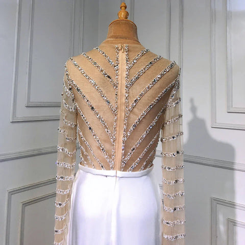 Vestido de noche blanco de manga larga con corte sirena y abertura, diseño 2025, con cuentas, de lujo, elegante para mujer, fiesta LA71531 
