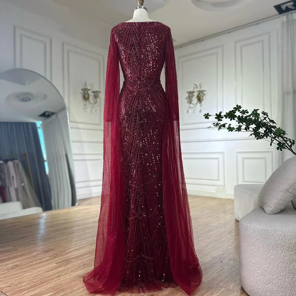 Vestido de noche de sirena color turquesa de Arabia Saudita, con mangas tipo capa con perlas y cuentas, ideal para ocasiones formales (LA72590A) 