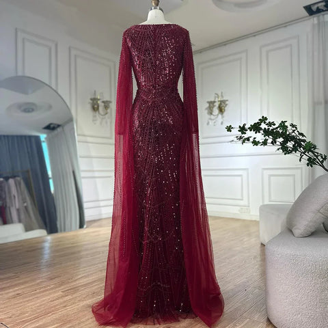 Robe de soirée sirène turquoise saoudienne 2025, avec manches cape perlées et perles, pour une occasion formelle, LA72590A 