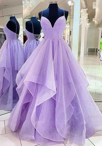 Robe de bal élégante en lilas style arabe 2025, dos nu, bretelles spaghetti, coupe trapèze, pour femme | Mariage LA72676 