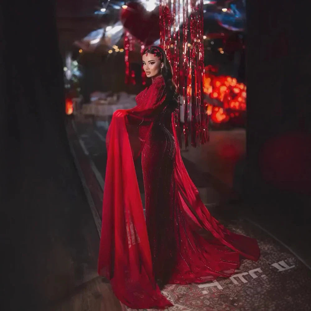 Red Luxury Beaded Mermaid Evening Gown with Cape Sleeves LA72811A