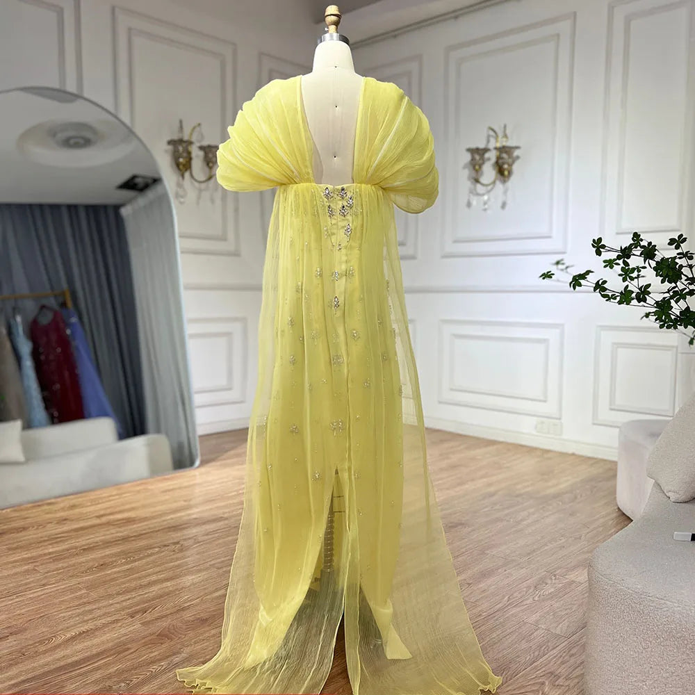 Luxury Beaded Yellow Evening Dress with Cape LA72756