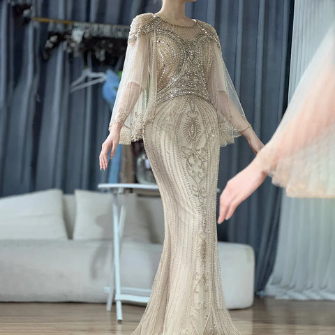 Robe de soirée longue style sirène arabe dorée, élégante, ornée de perles, pour une occasion formelle, LA72749, 2025 