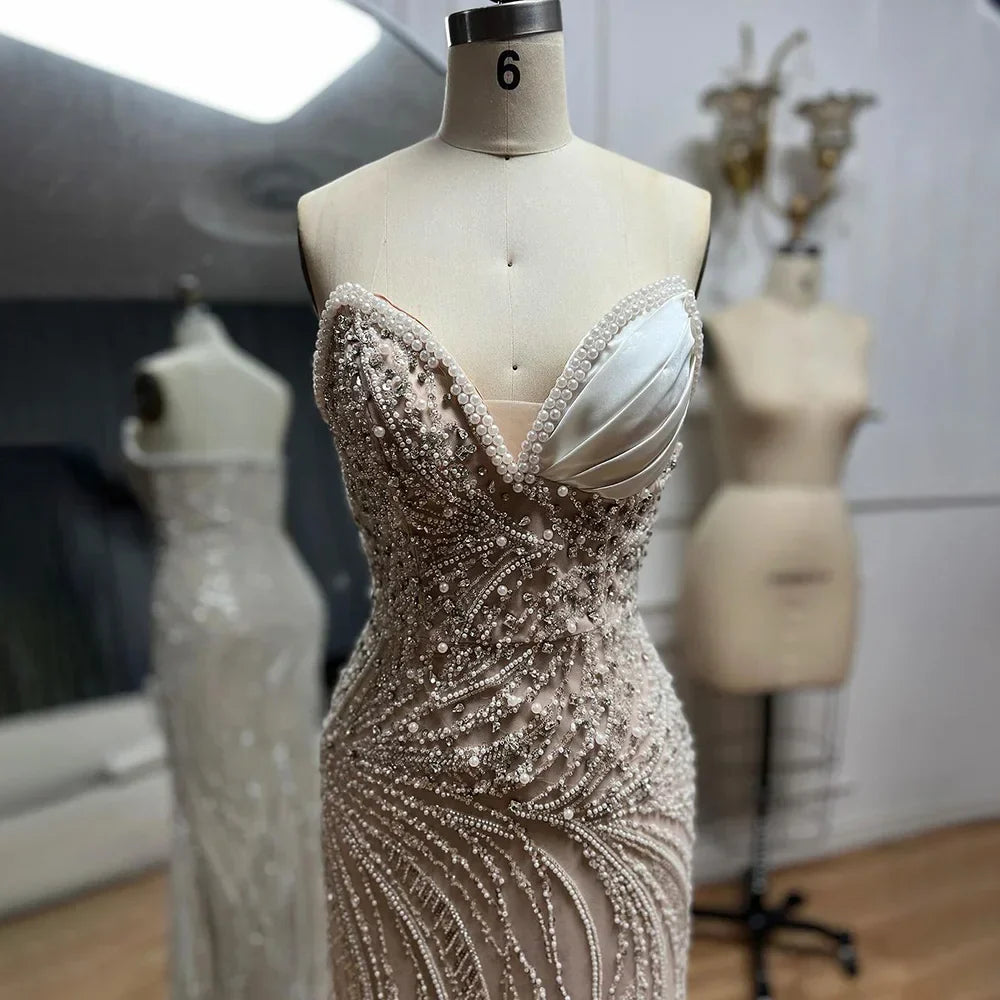 Vestido de noche árabe blanco nude estilo sirena con perlas y cuentas, de lujo, para ocasiones formales (LA72712) 