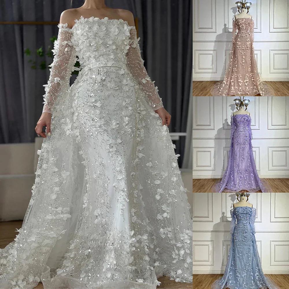 Elegant 3D Flowers Pink Luxury Dubai Evening Dress with Overskirt LA72641