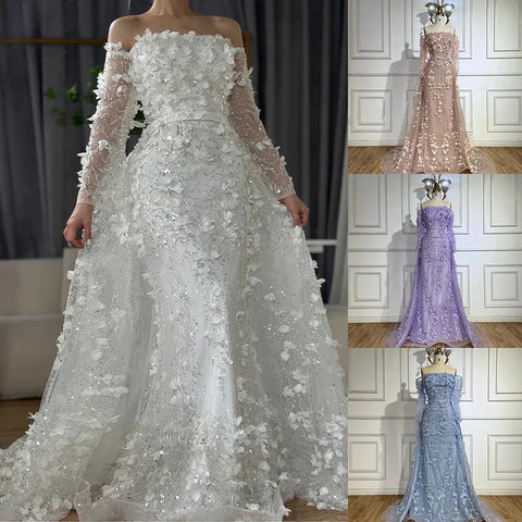 Elegante vestido de noche rosa de lujo con flores 3D de Dubái con sobrefalda LA72641