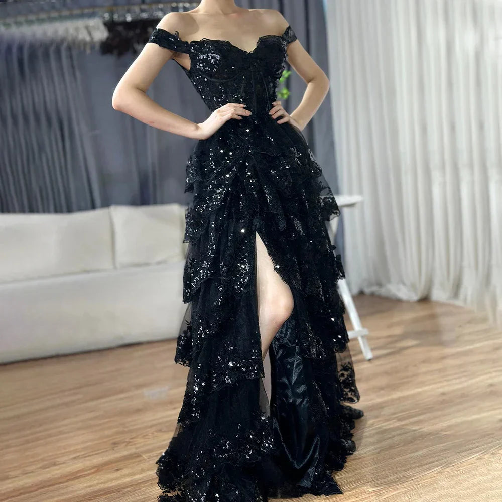 Vestidos de noche árabes negros con abertura alta, tirantes finos, corte en A, encaje y cuentas, para mujer, ideales para bodas y fiestas (LA72586) 