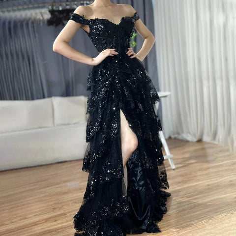 Arabic Black High Split Spaghetti Strap A Line Lace Beaded  Evening Dresses Gowns For Women Wedding Party LA72586