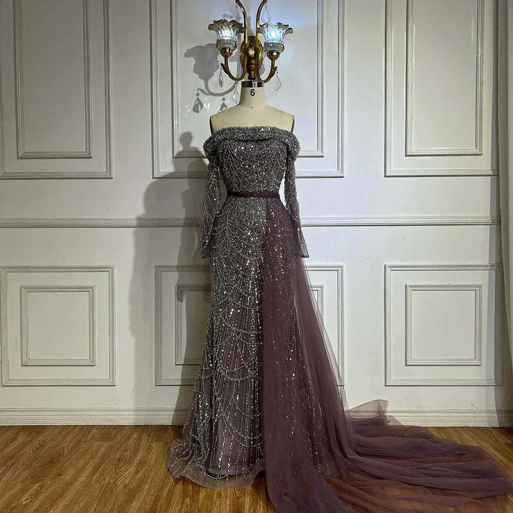 Off Shoulder Light Blue Mermaid Evening Dress with Detachable Overskirt Dubai LA72254