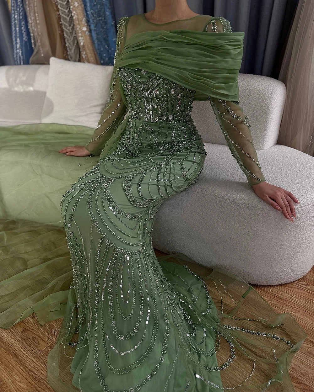 Nude Crystal Mermaid Evening Dress with Overskirt Long Sleeves LA72348