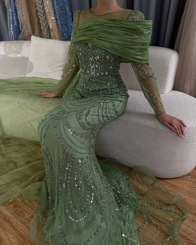 Nude Crystal Mermaid Evening Dress with Overskirt Long Sleeves LA72348