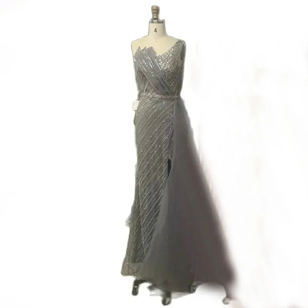 Vestido de noche saudí azul de un solo hombro con abertura y sobrefalda lateral con cuentas para ocasiones formales LA72732 