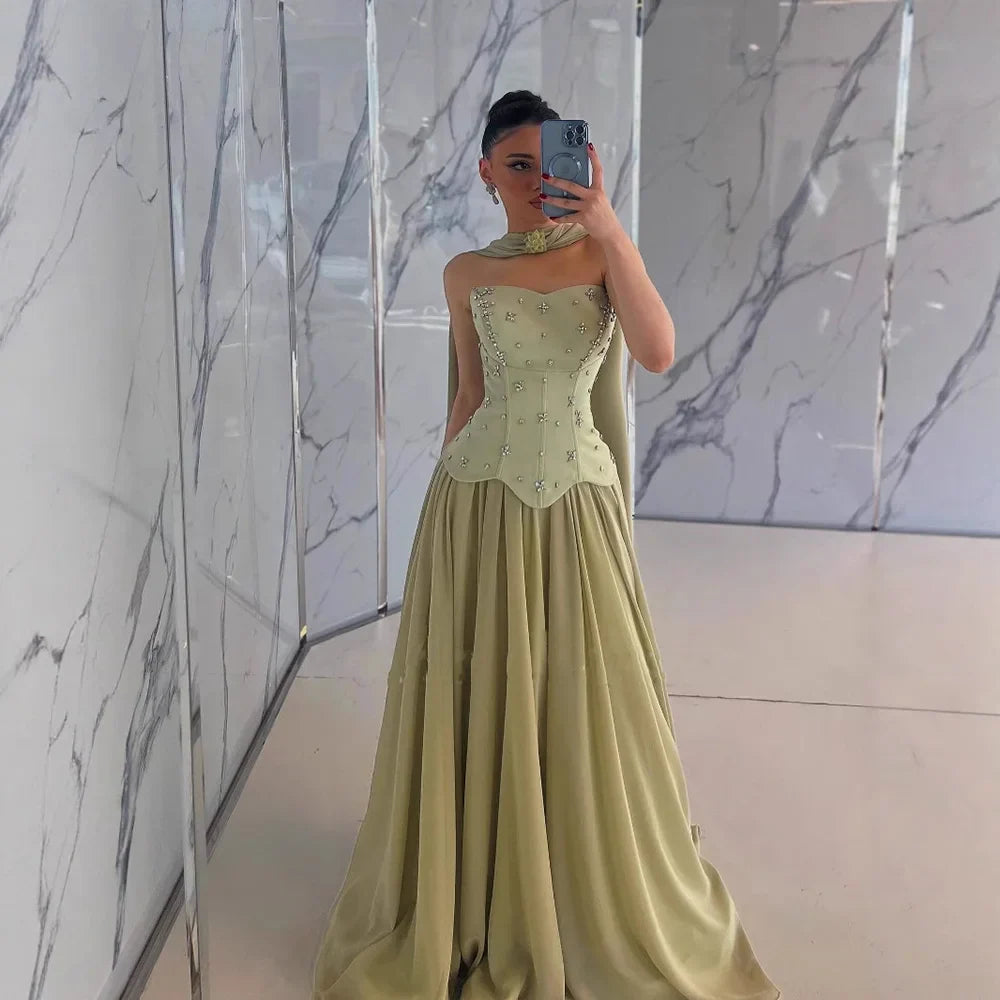 Classy Sage Green   A-Line Chiffon Evening Dress LA73073