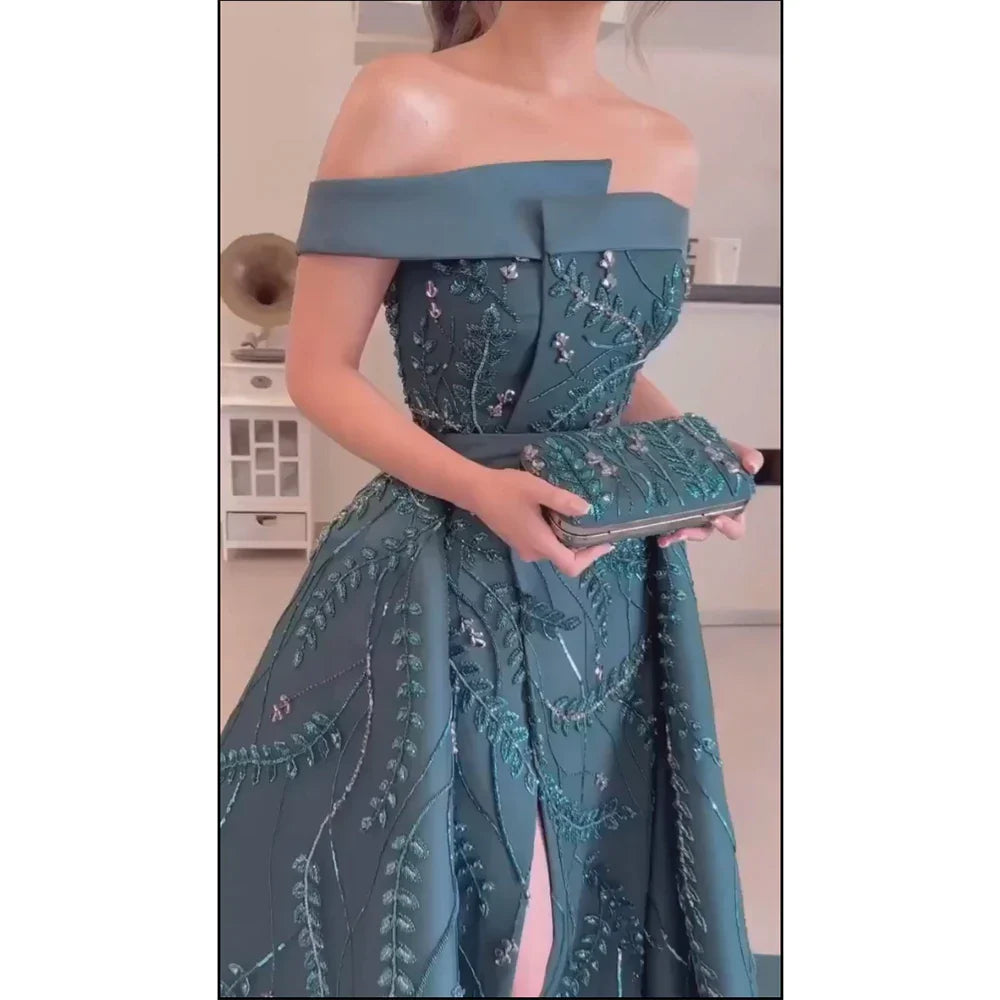 Vestido de noche verde árabe de satén con un solo hombro, bordado con cuentas, sobrefalda y abertura para ocasiones formales LA72178 