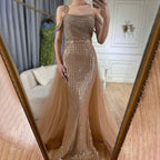Gold Mermaid Elegant One Shoulder Overskirt Beaded Luxury Evening Dresses Gowns 2025 For Women Wedding Party LA72453